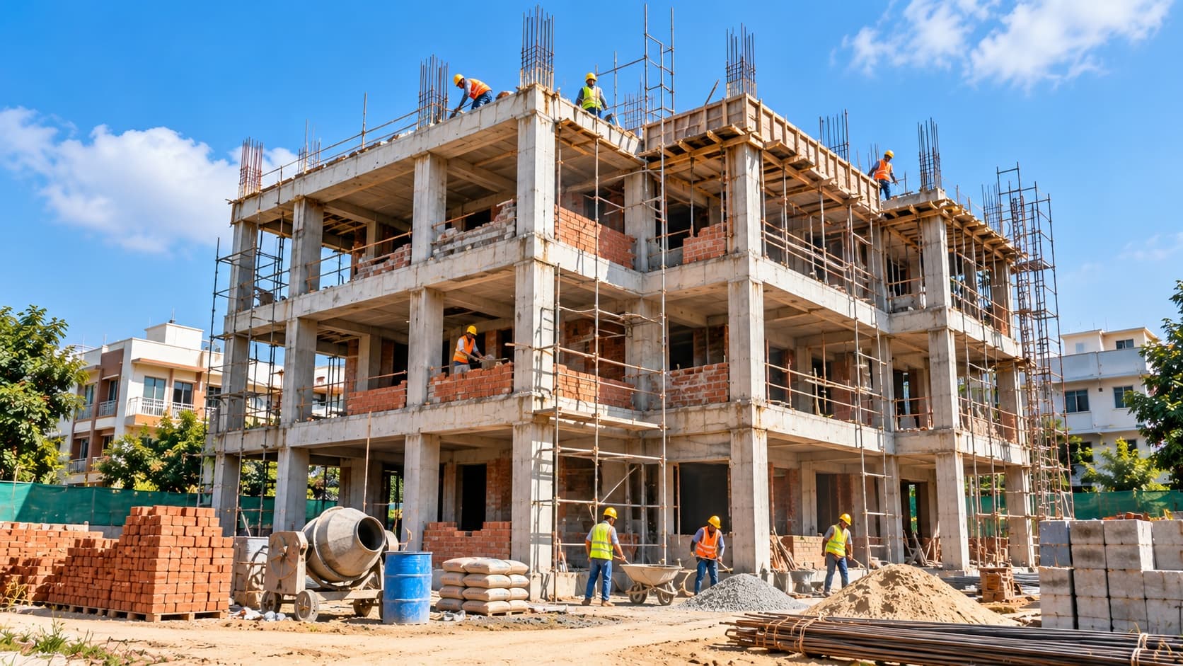 Multi-storey building under construction with workers on site