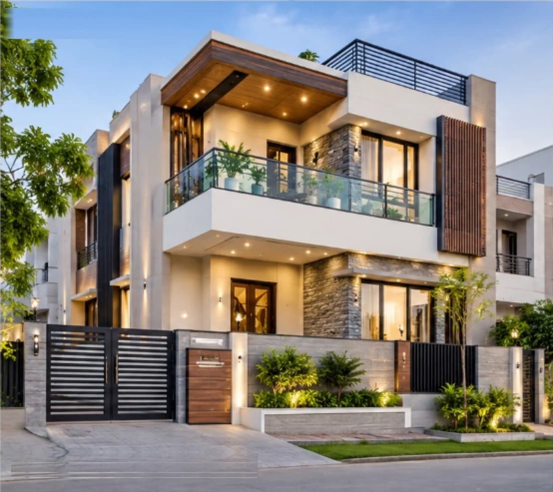 Modern multi-storey residential house with balconies and landscaped entrance
